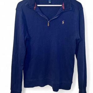 Ralph Lauren Navy Blue Lightweight Quarter Zip Pullover with Plaid Detailing